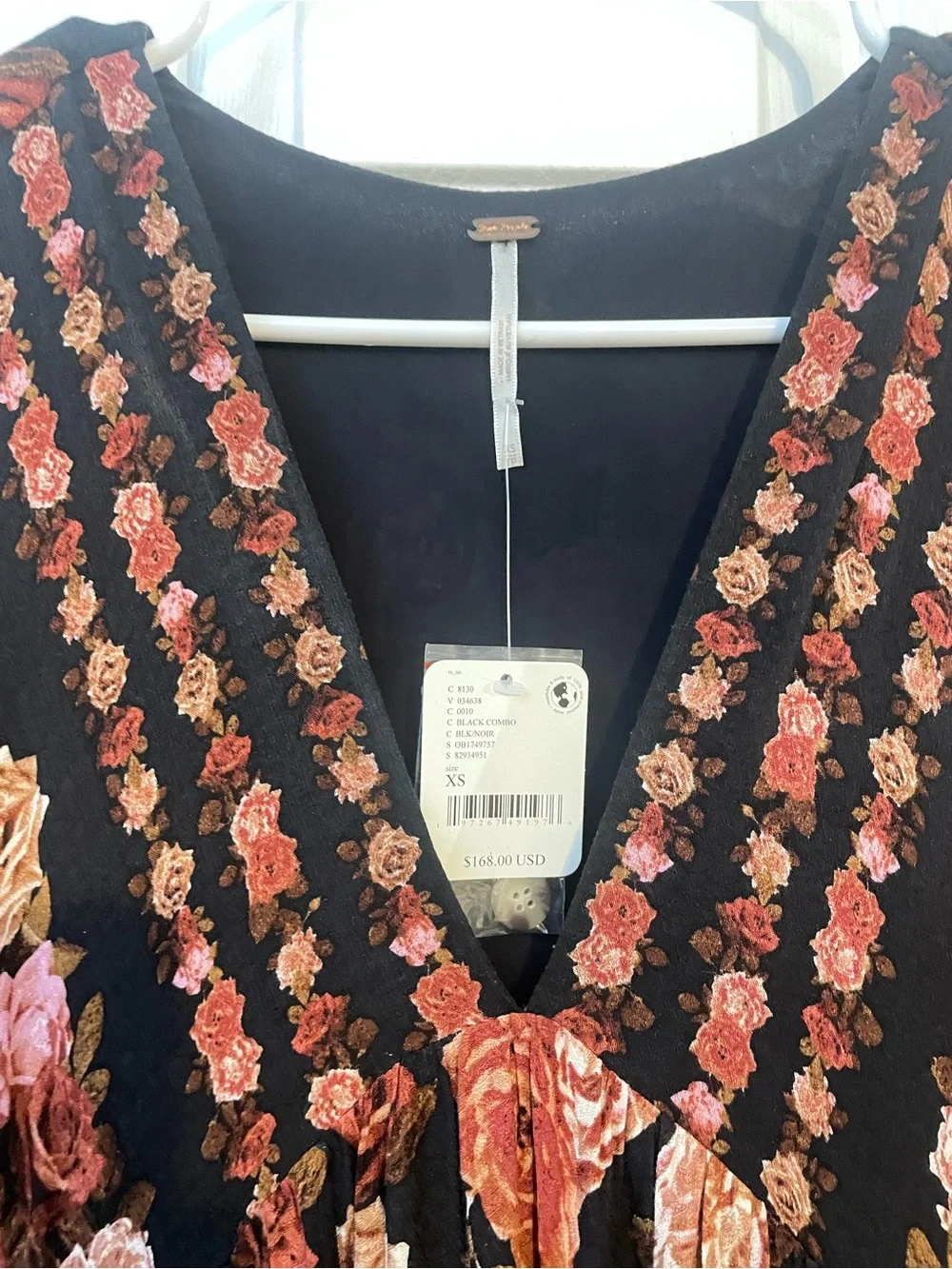 Free People Black Floral V-Neck Tiered Maxi Dress with Warm Blooms